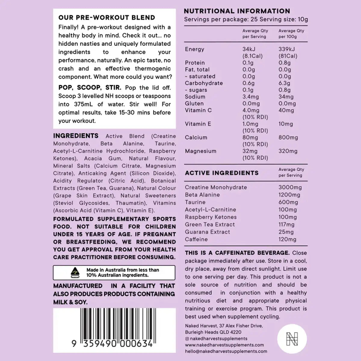 Nutritional information and ingredient list for a pre-workout supplement on a purple background