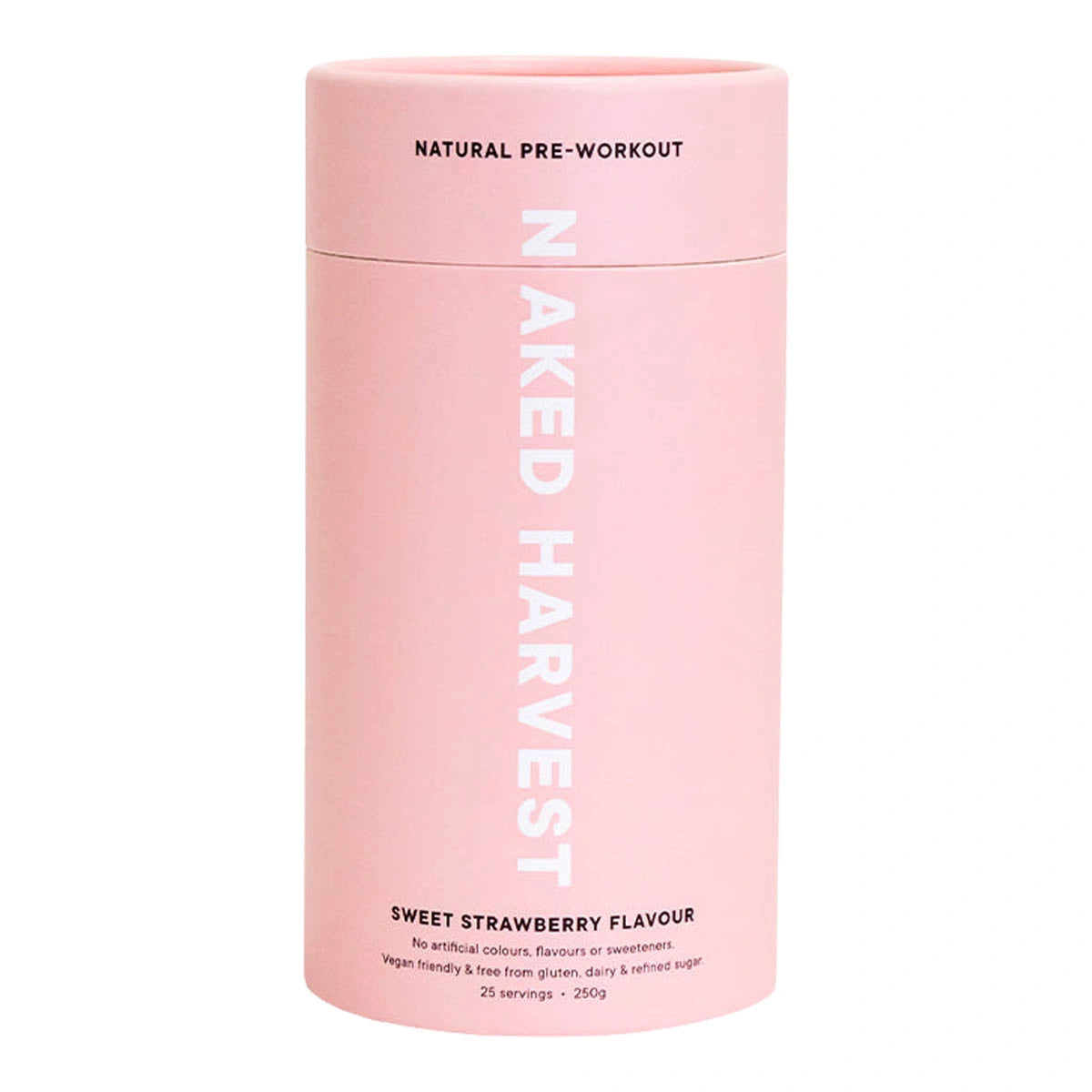 Pink container of Naked Harvest natural pre-workout supplement on a white background