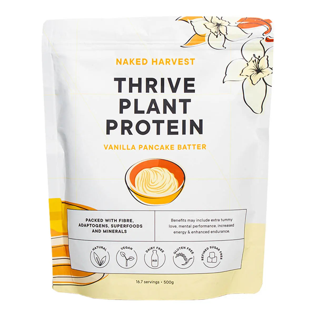 Naked Harvest Thrive Plant Protein package with vanilla pancake batter flavor on a white background