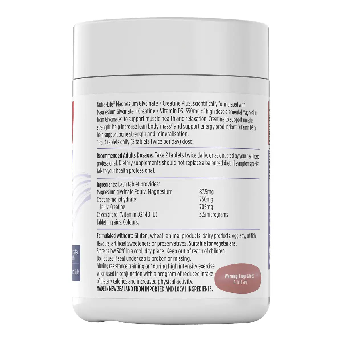 A white plastic bottle of a dietary supplement with a white cap, showing the back label with text.