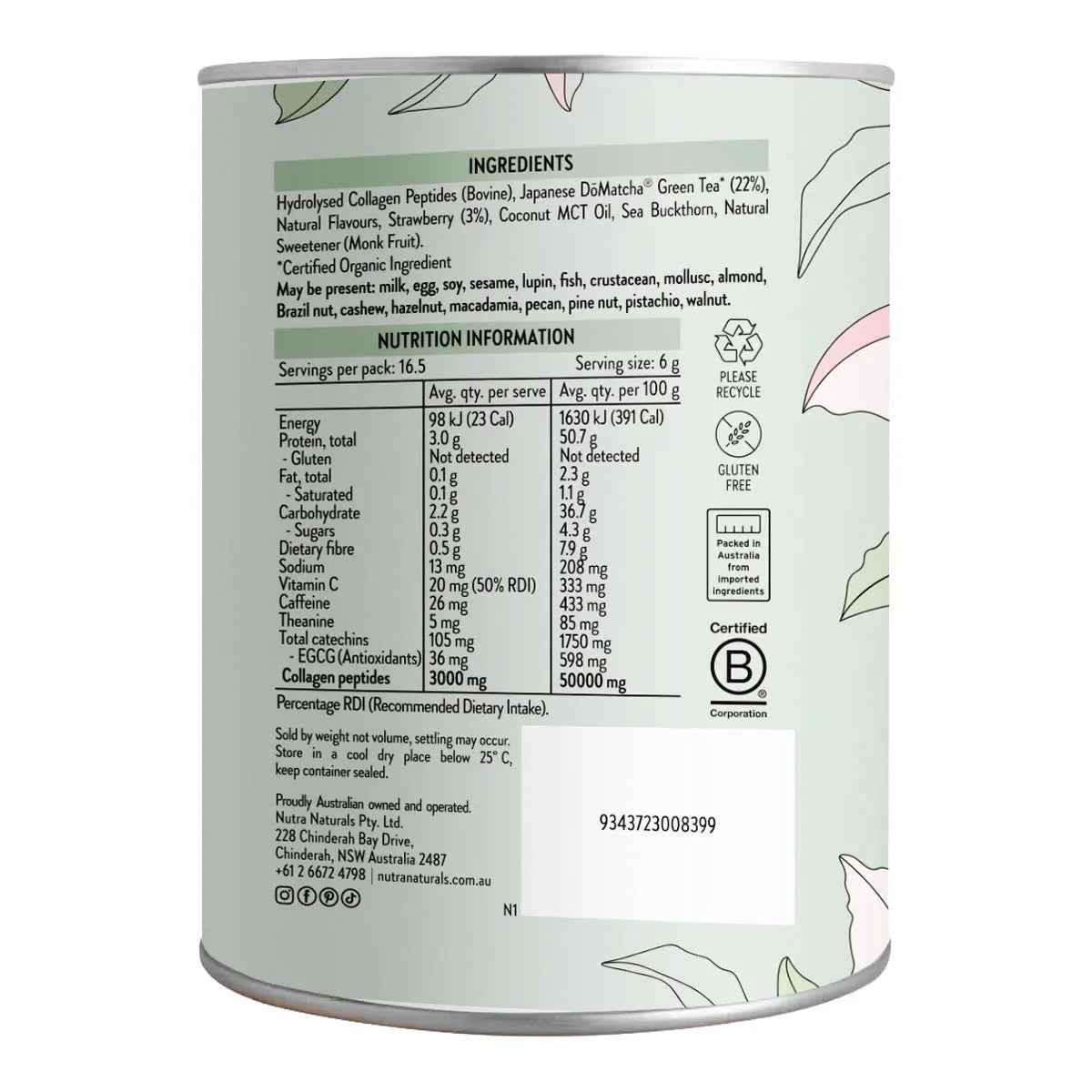 Nutrition label on back of Collagen Matcha Latte - Strawberry Flavour.