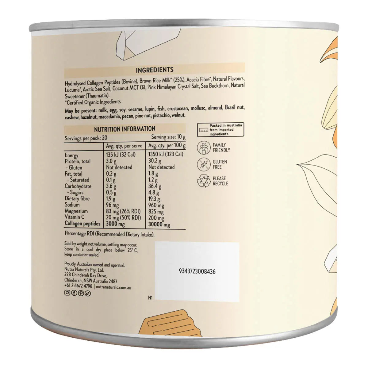 Nutritional information label on a product container with illustrations of fruits.