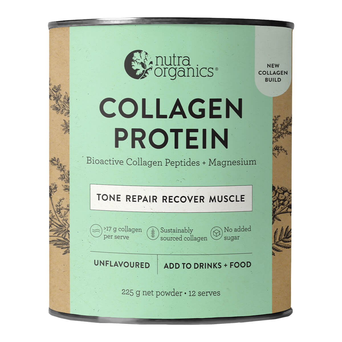 Can of Nutra Organics Collagen Protein on a white background.