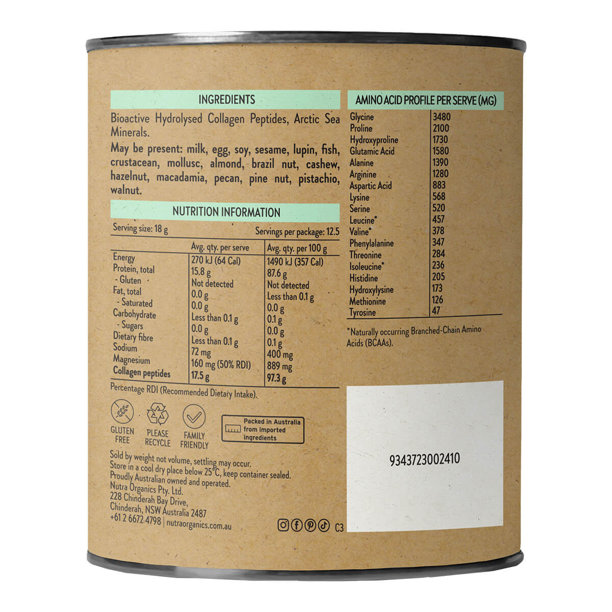 Back label of a supplement container with nutritional information and ingredients.