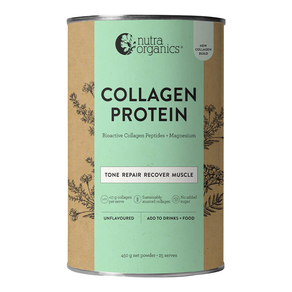 Can of Nutra Organics collagen protein on a white background.