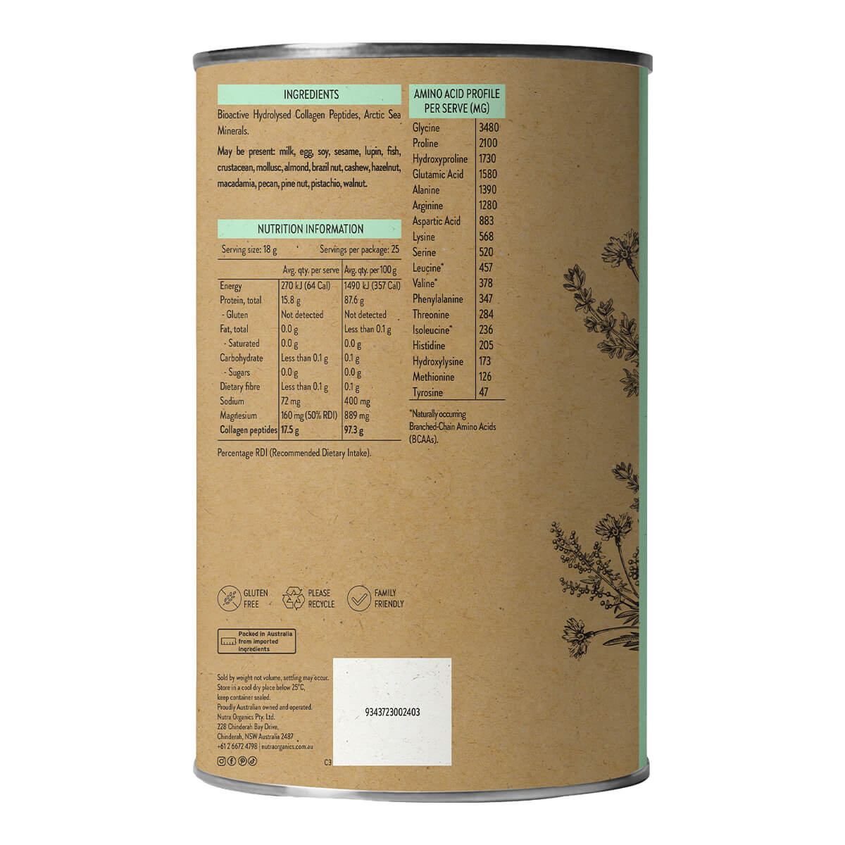 Brown cylindrical container with nutritional information on a white background.