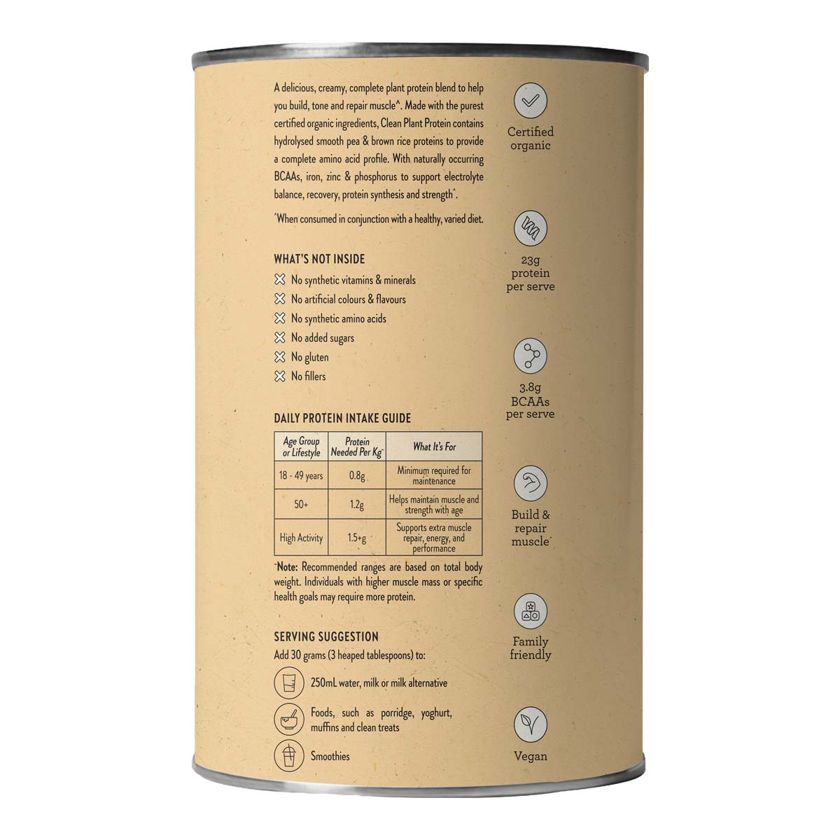 Side of Vanilla Clean Protein Powder showing serving suggestions and other product information.