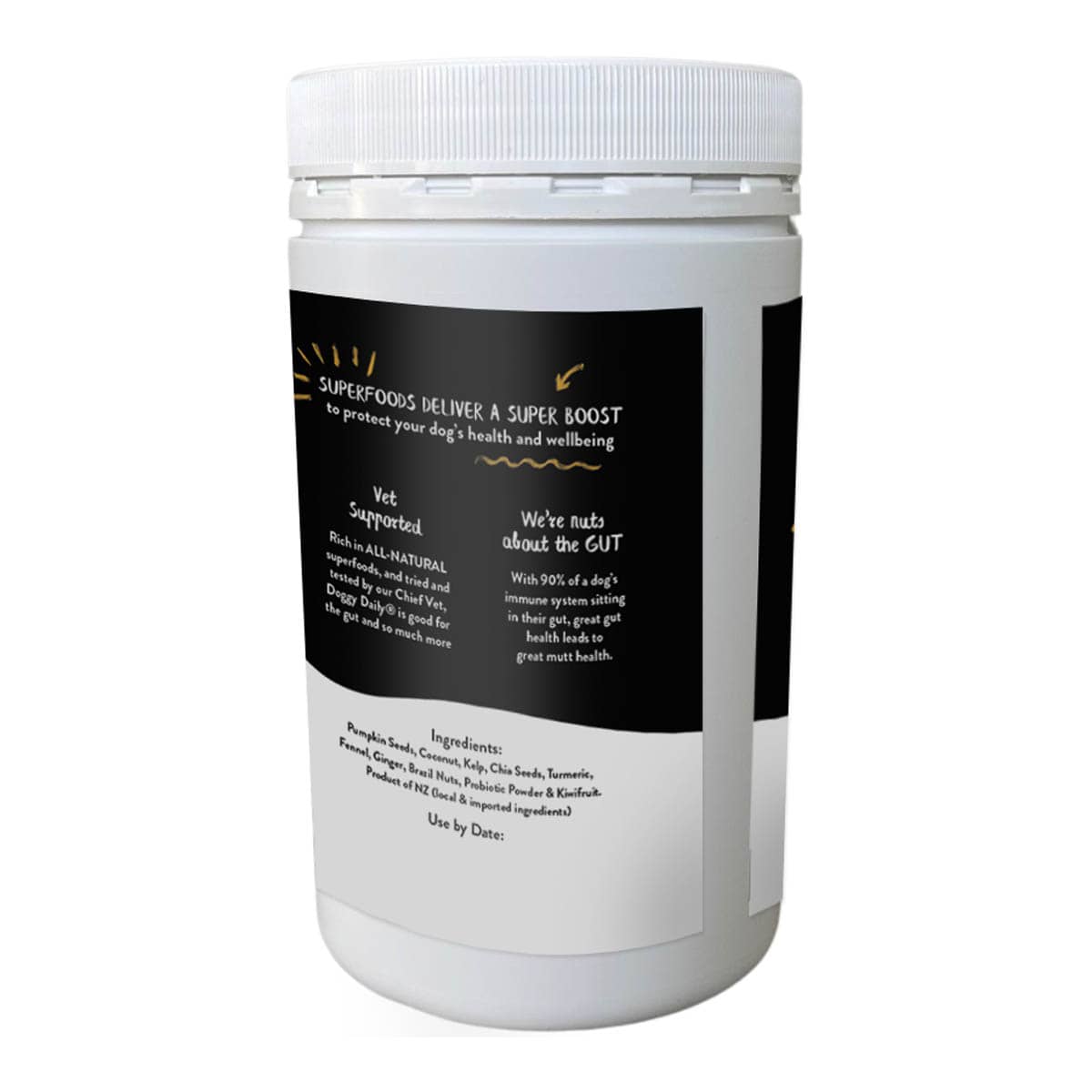 White container with black label on a white background.