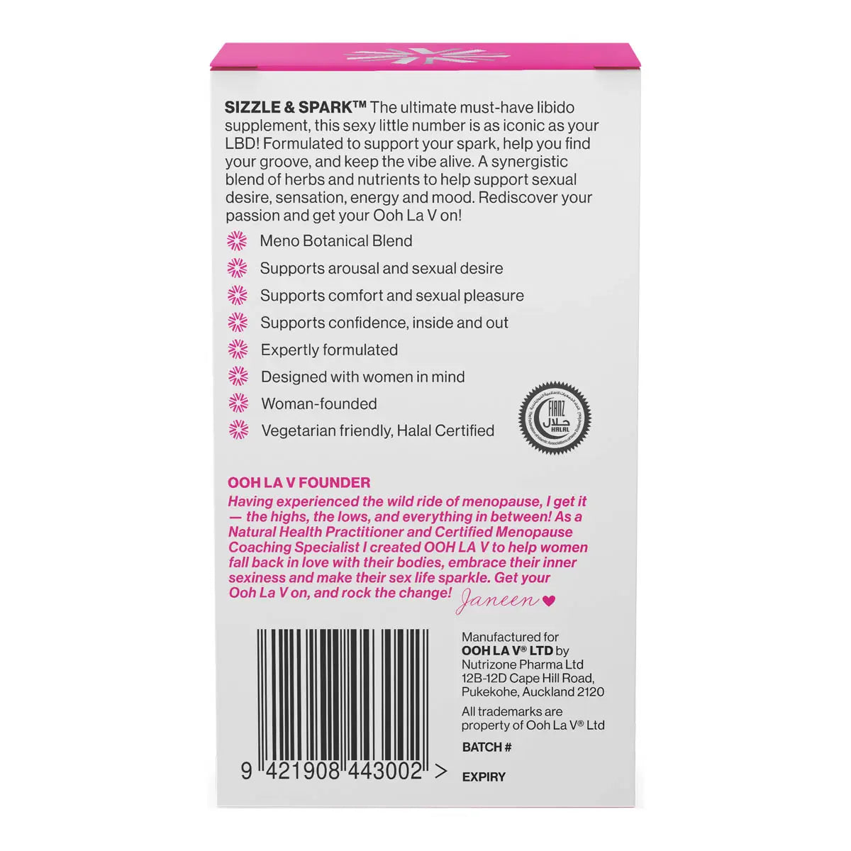 Side of Sizzle & Spark packaging with product information and a note about the founder of this women-led business.