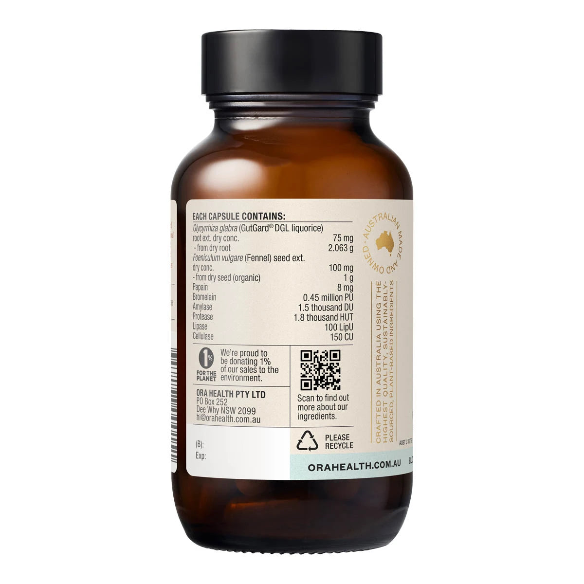 Side of ora debloat & digest bottle with ingredients label on a white background