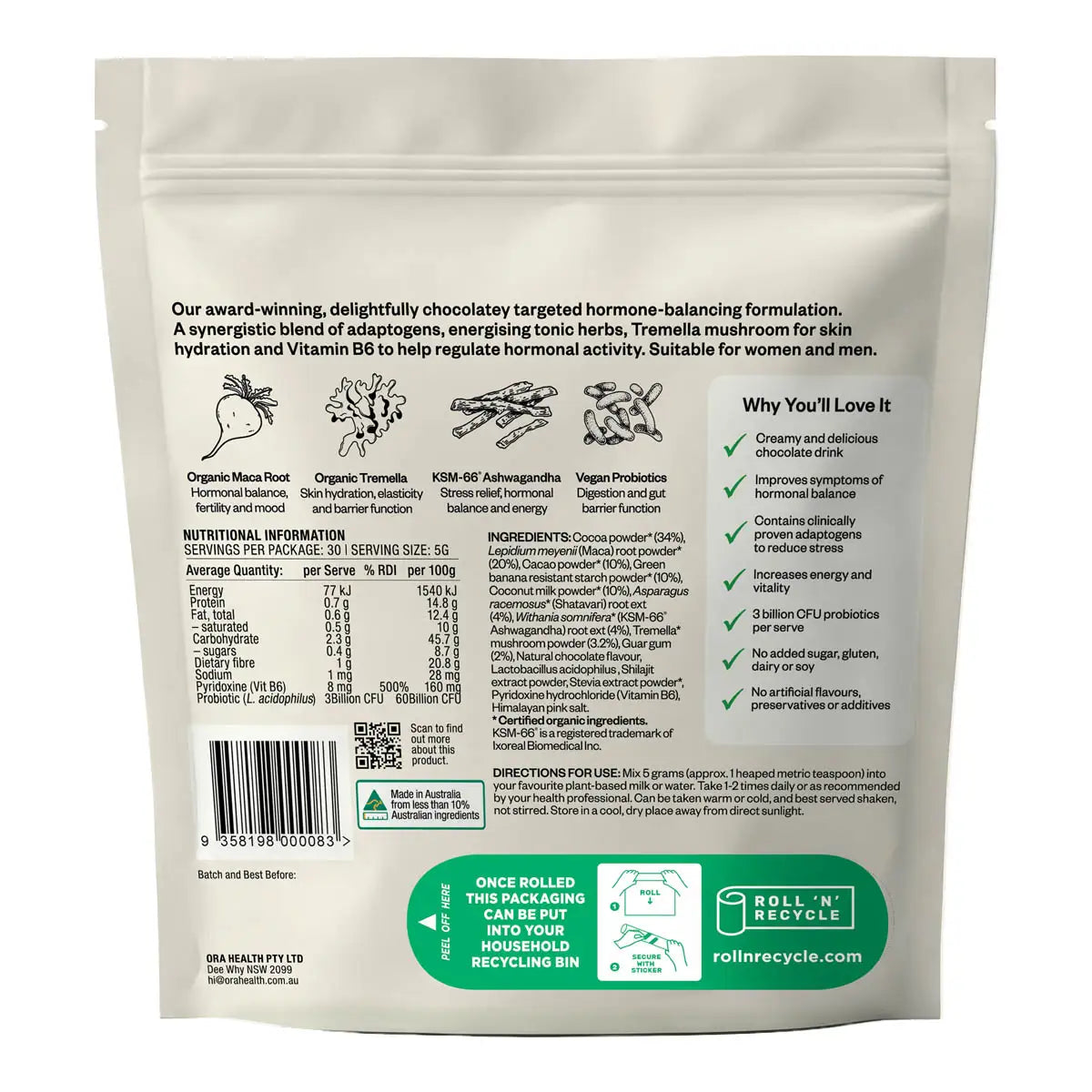 Back of 150g pouch, showing ingredients list, product highlights & nutrition information.