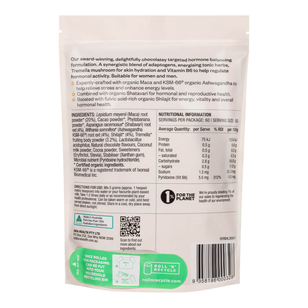 Back of a supplement package with text, ingredients, and nutritional information on a white background.