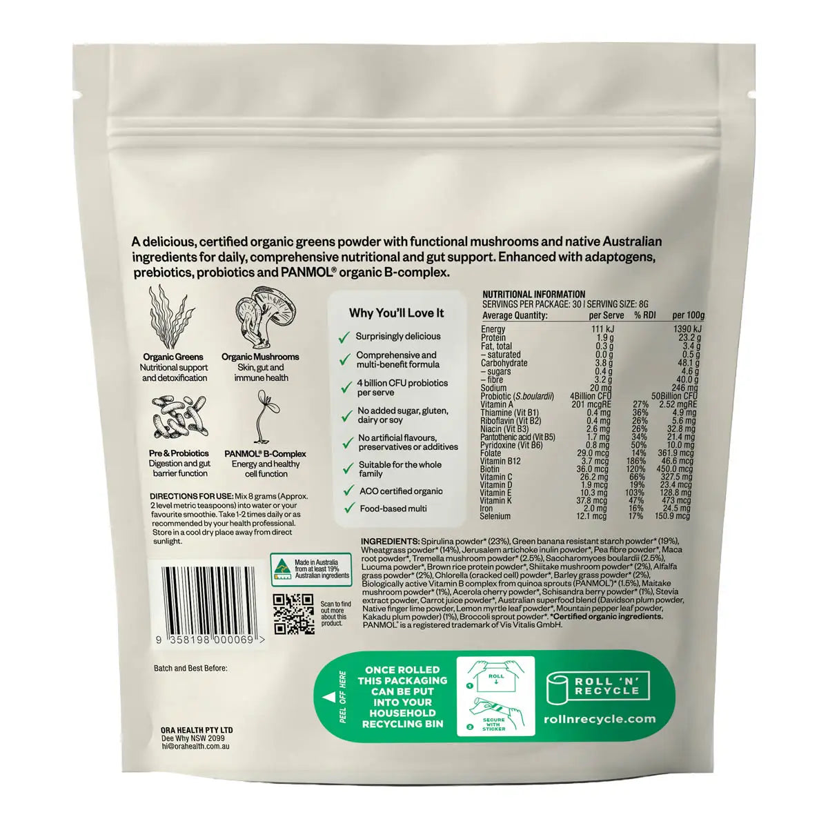 Back of 240g pouch of Ora greens superpowder showing nutritional information, ingredients, product highlights and more.
