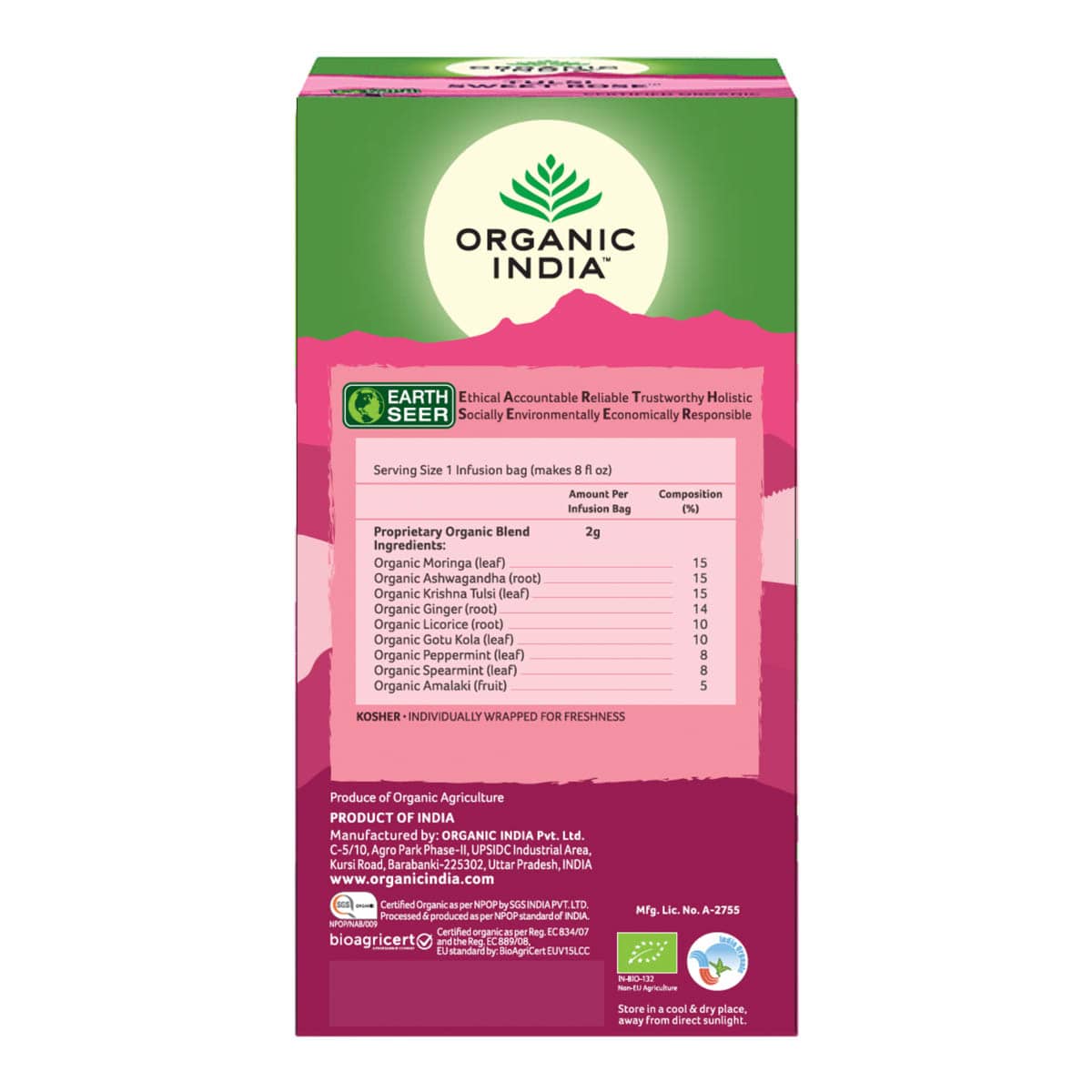 Organic India product packaging with green and pink design on a white background.