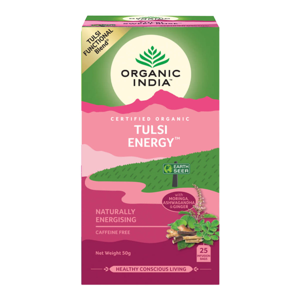 Box of Organic India Tulsi Energy tea on a white background.