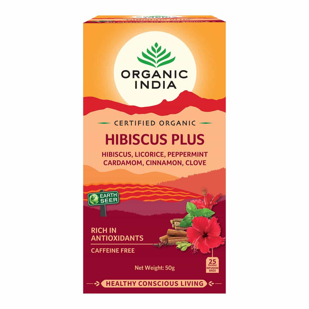 Box of Organic India Hibiscus Plus tea on a white background.