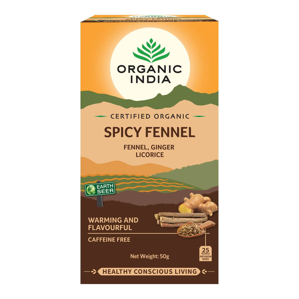 Box of Organic India Spicy Fennel tea on a white background.