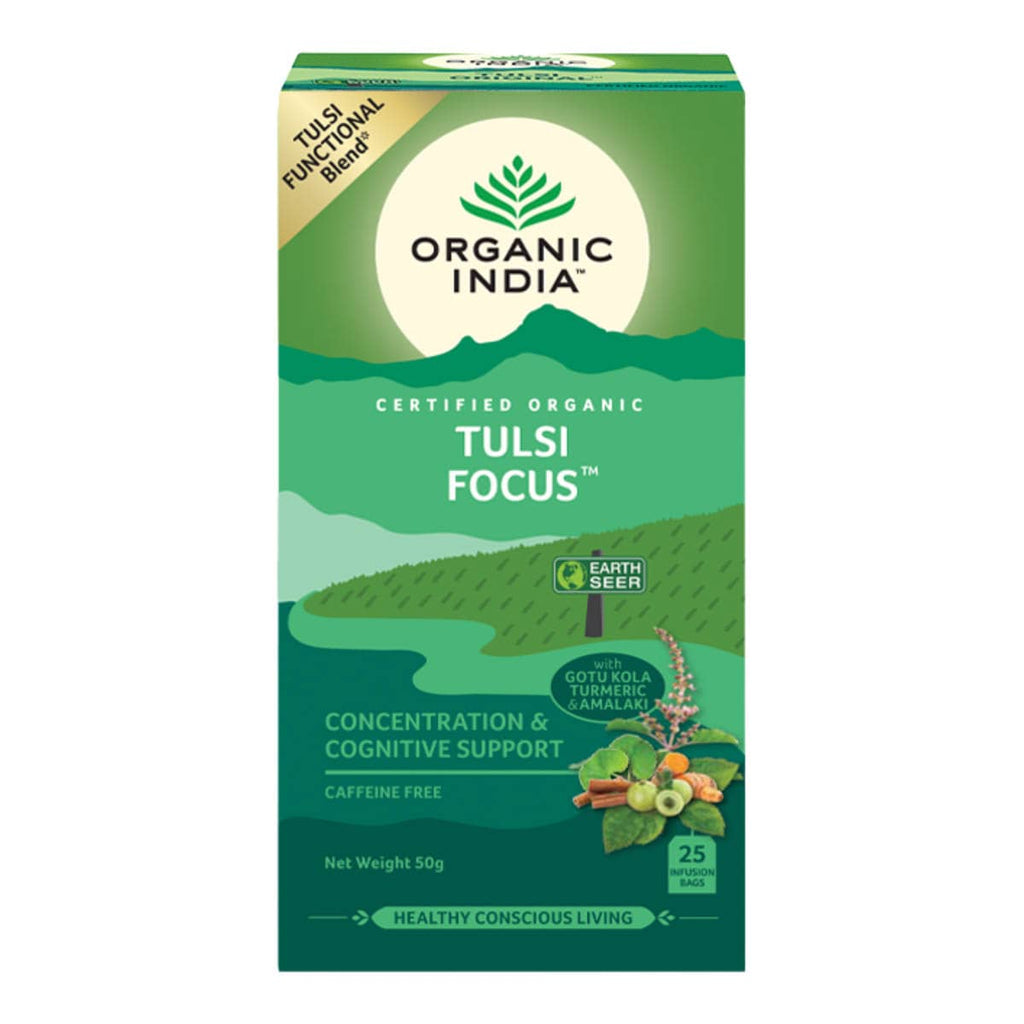Green box of Organic India Tulsi Focus on a white background.