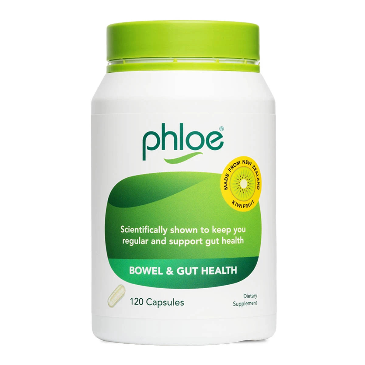 Phloe brand dietary supplement bottle for 'Bowel & Gut Health' containing 120 capsules, featuring a white bottle with a bright green cap and a green and white label.