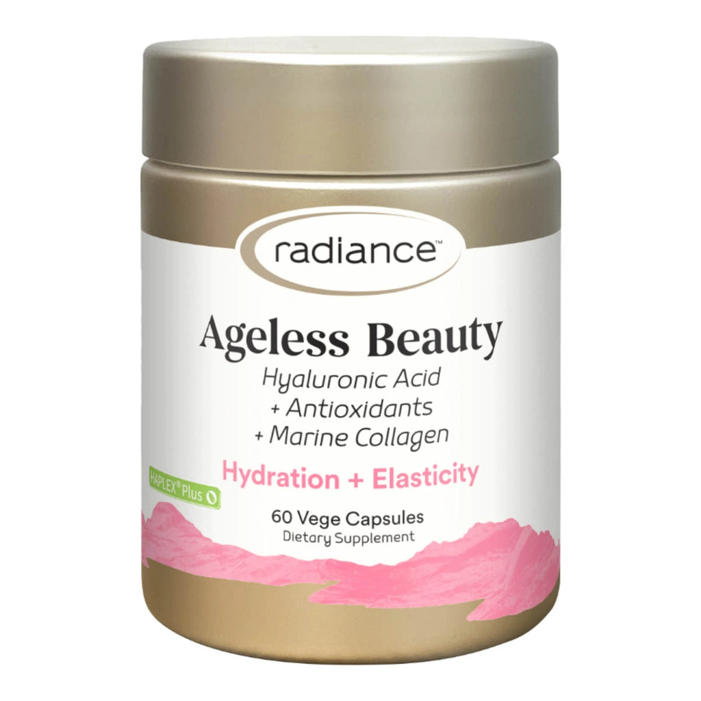 Radiance Ageless Beauty supplement jar with gold lid and white label on a white background