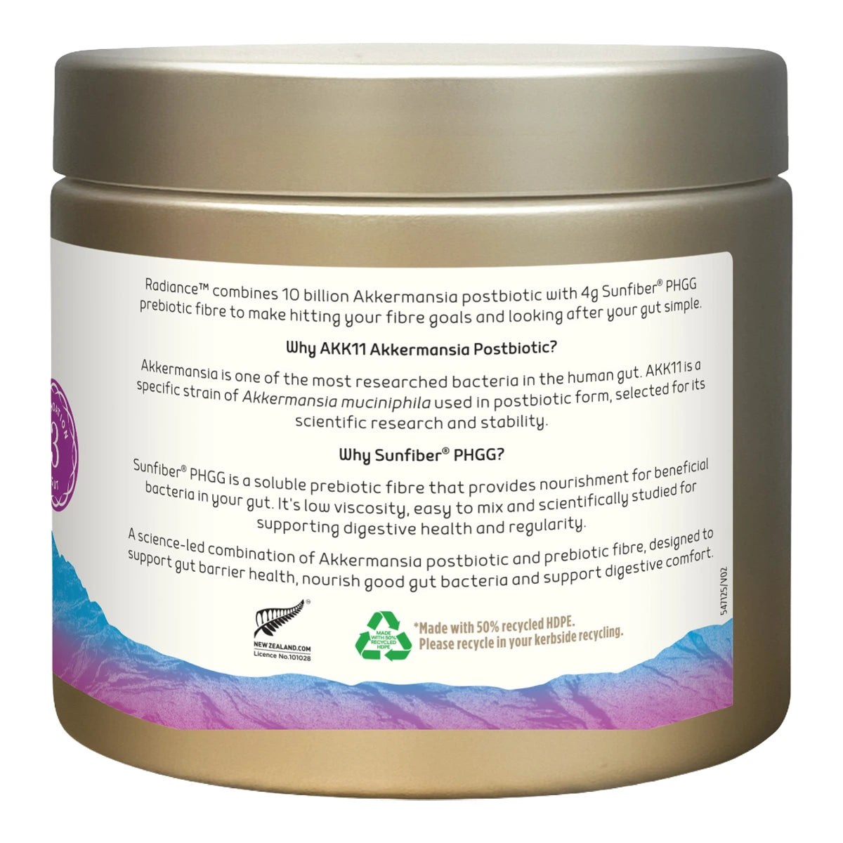 A jar of Akkermansia Prebiotic Fibre with a dark brown lid and base, featuring a white label with purple and blue graphics and text, on a white background.