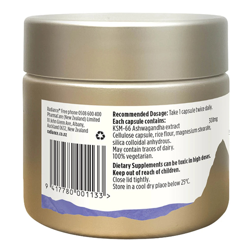 Side of Ashwagandha Stress Shield label showing recommended dosage, ingredients and more product information.
