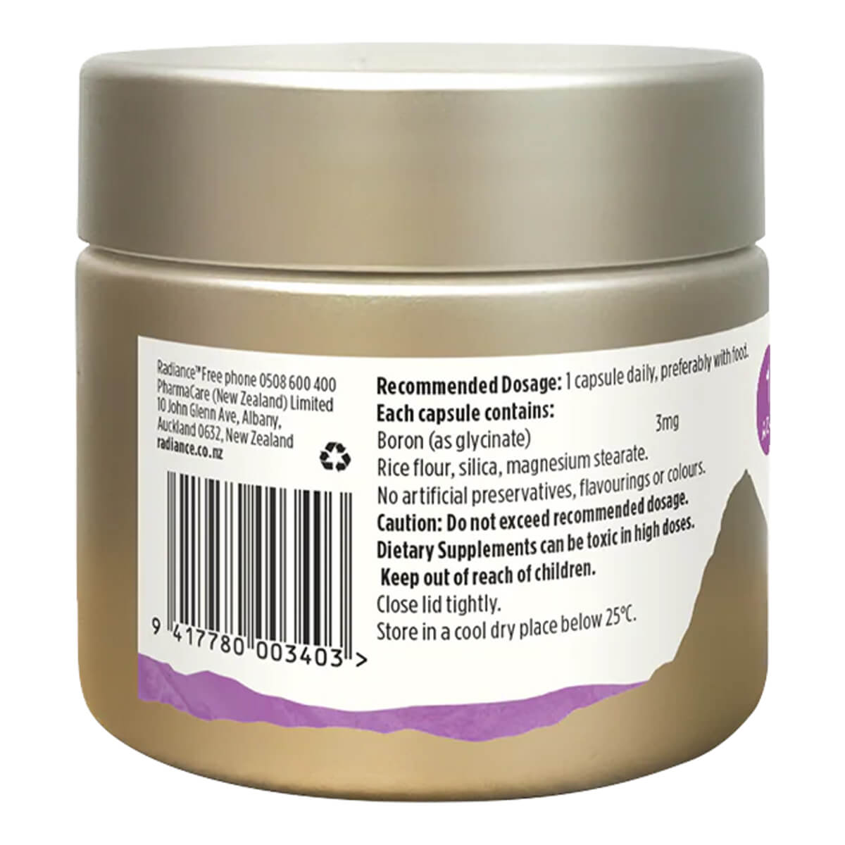 Back label of a supplement jar with text and a barcode on a white background