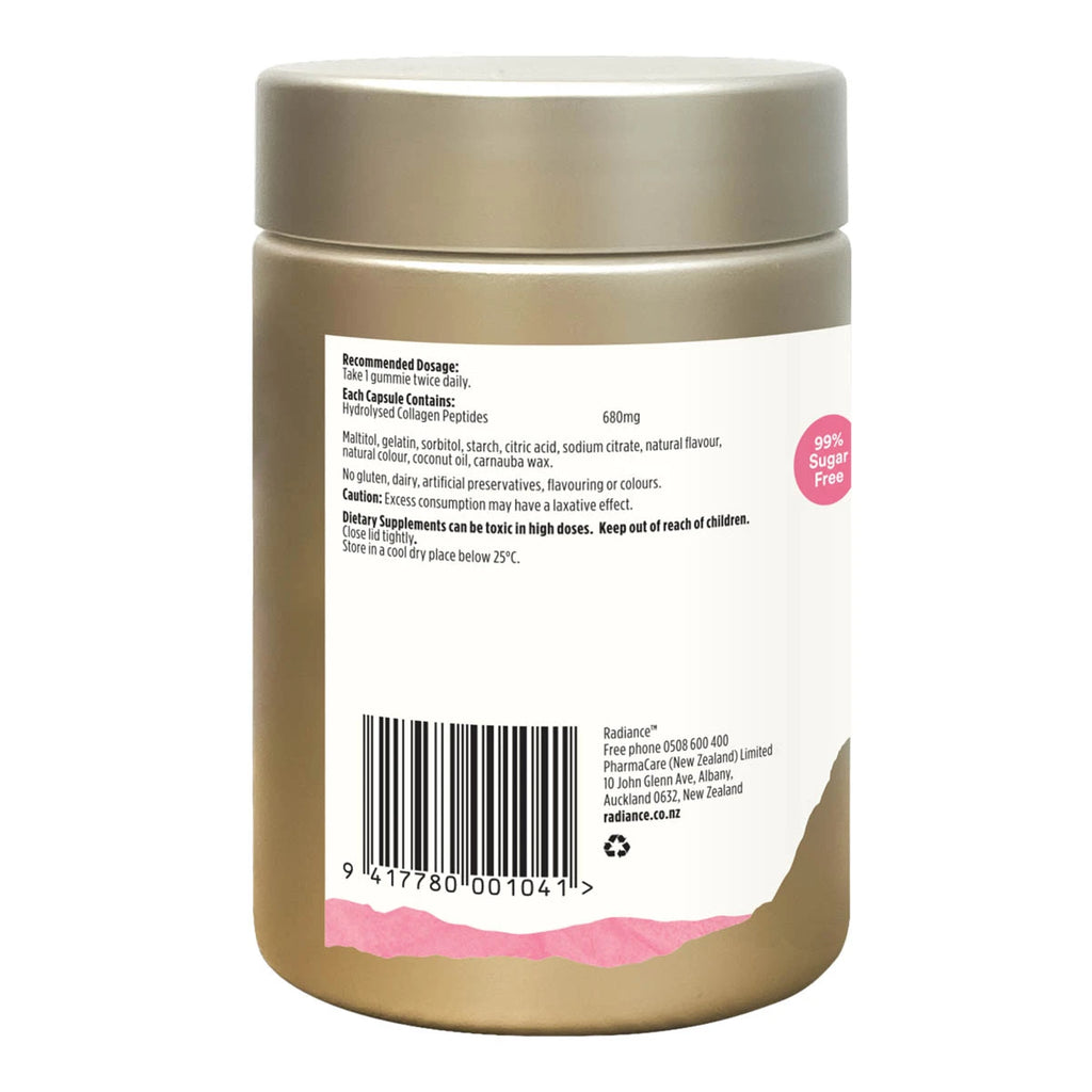 Back view of Beauty Collagen Gummies bottle showing recommended dosage, ingredients, precautions & more.