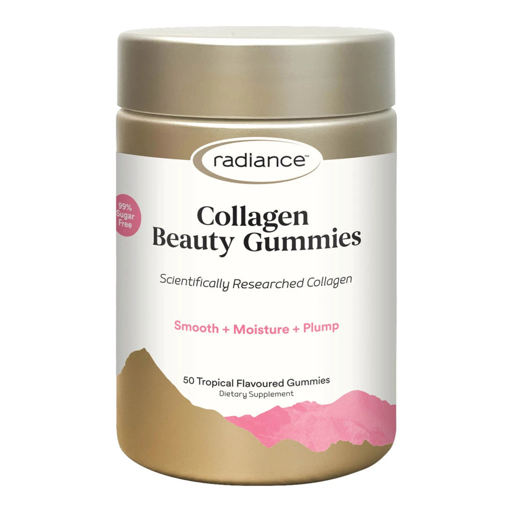 A bottle of Radiance Collagen Beauty Gummies, in a gold plastic bottle. Smooth + moisture + plump. 50 Tropical flavoured gummies.
