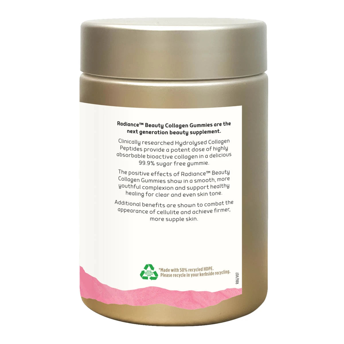 Side of Radiance Beauty Collagen Gummies bottle with a blurb about the product. Packaging made with recycled plastic.