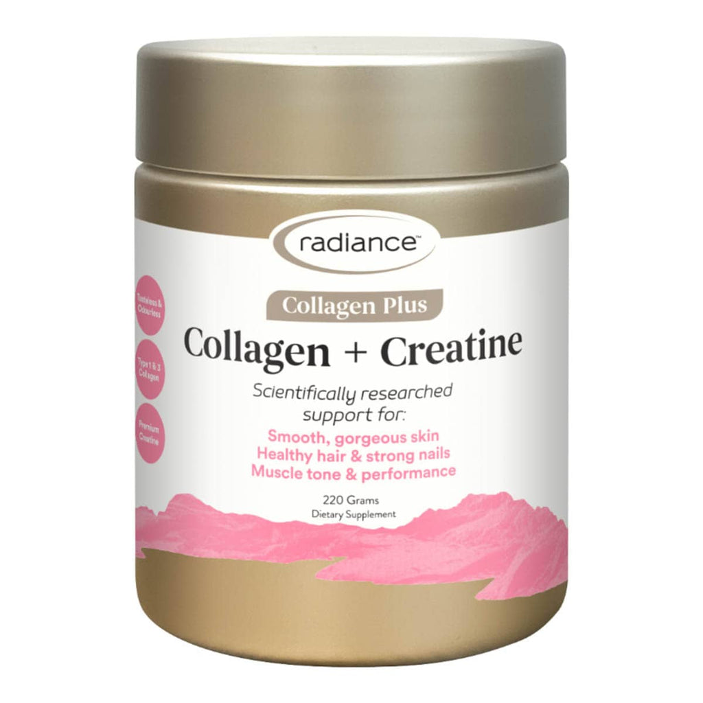 Supplement container labeled 'Radiance Collagen Plus Collagen + Creatine' on a white background