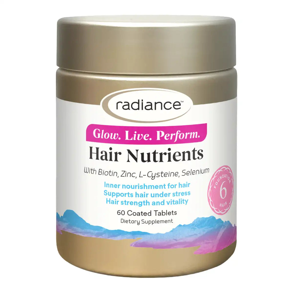 A bottle of Radiance Hair Nutrients dietary supplement tablets. Gold bottle and cap featuring a label with pink and blue accents.