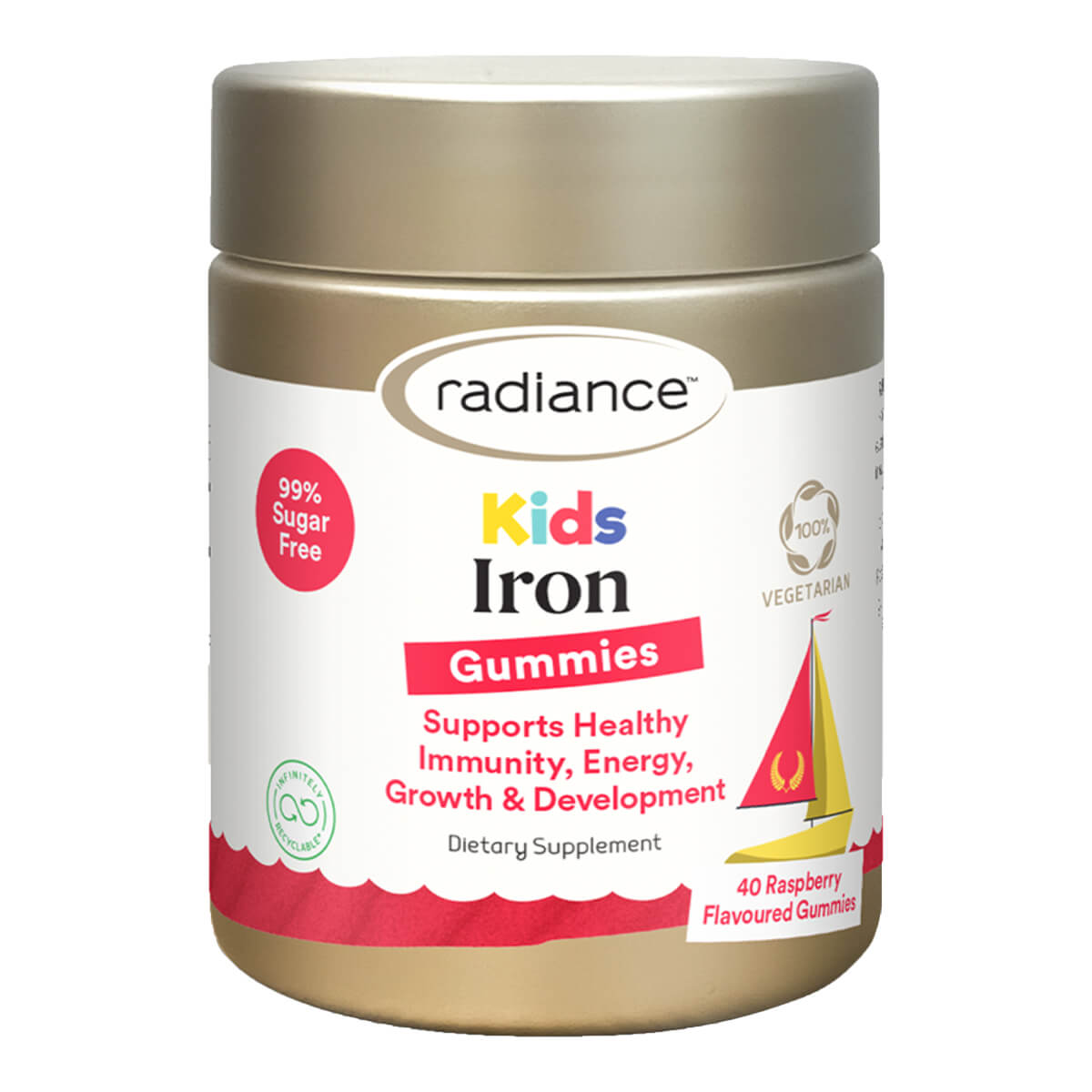 Radiance Kids Iron Gummies supplement jar on a white background