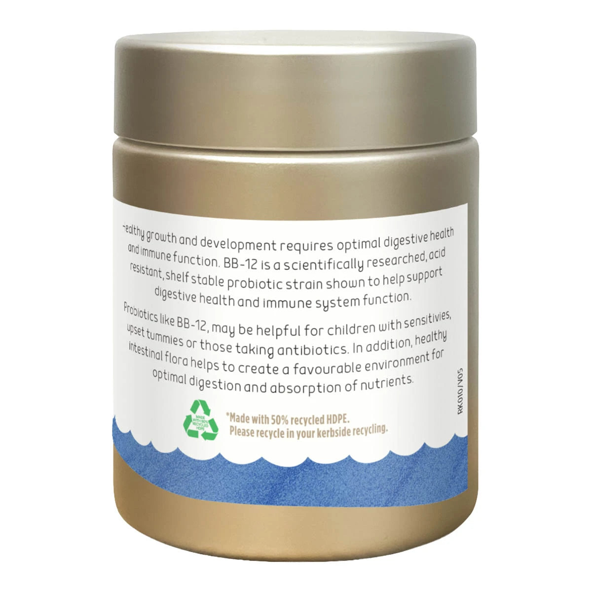 Gold container with a label on a white background