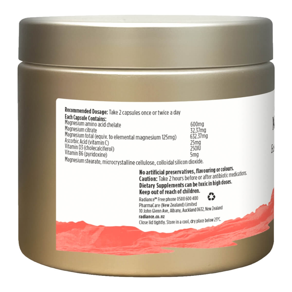 Back view of a supplement container with text and label details.