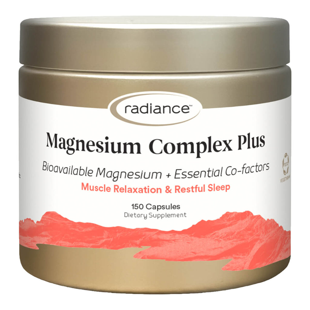 Jar of Radiance Magnesium Complex Plus supplement on a white background