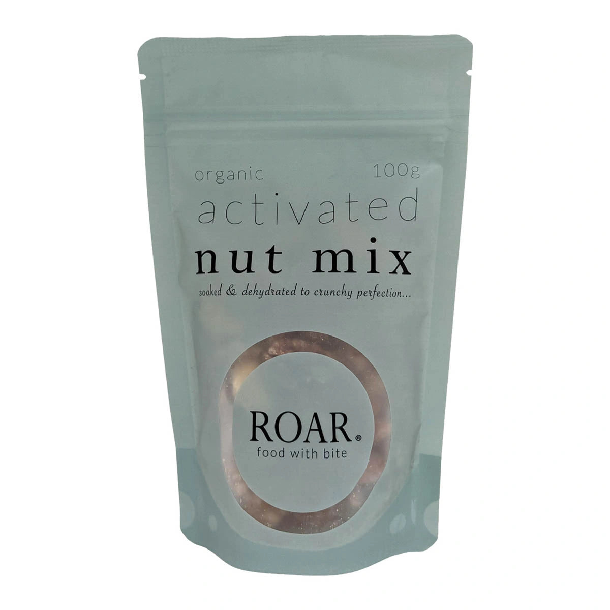 100g pouch of ROAR Organic Activated Nut Mix. Soaked & dehydrated to crunchy perfection.