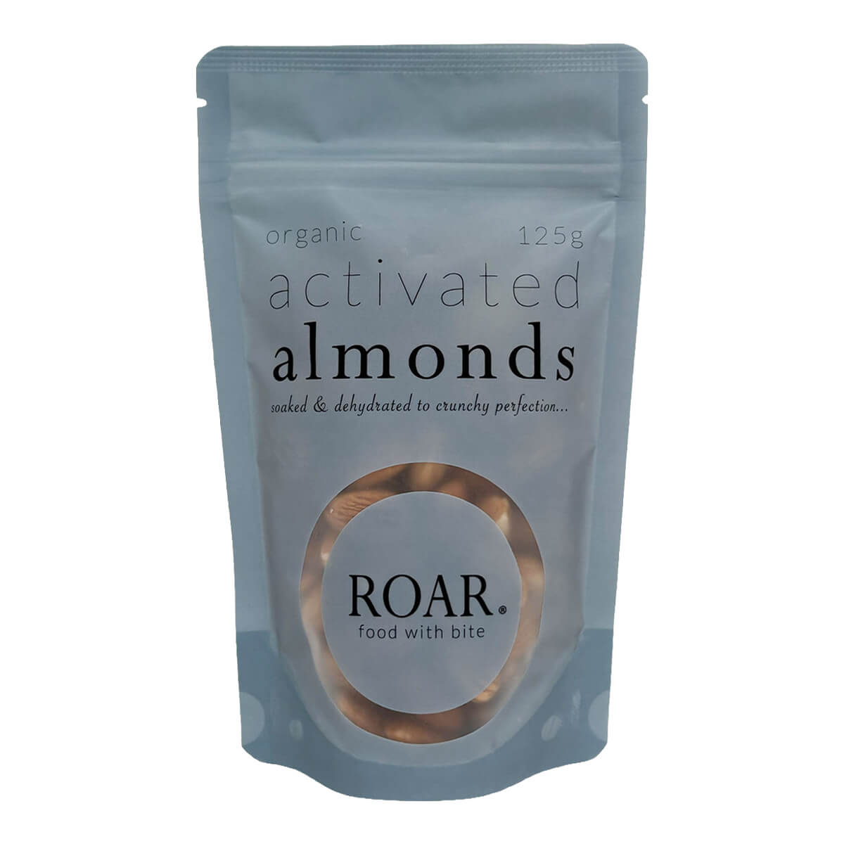 Package of organic activated almonds by ROAR on a white background