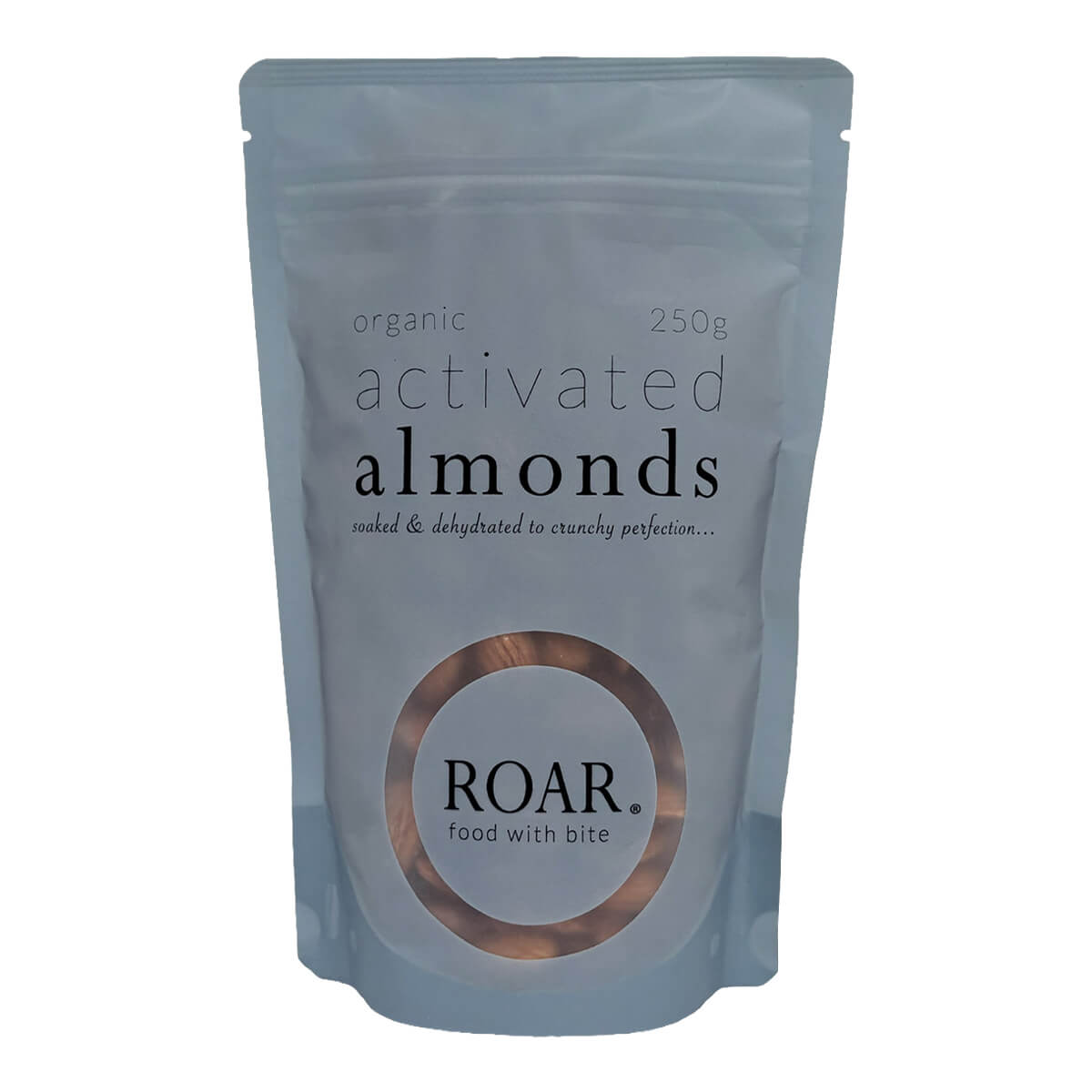 Package of ROAR organic activated almonds on a white background