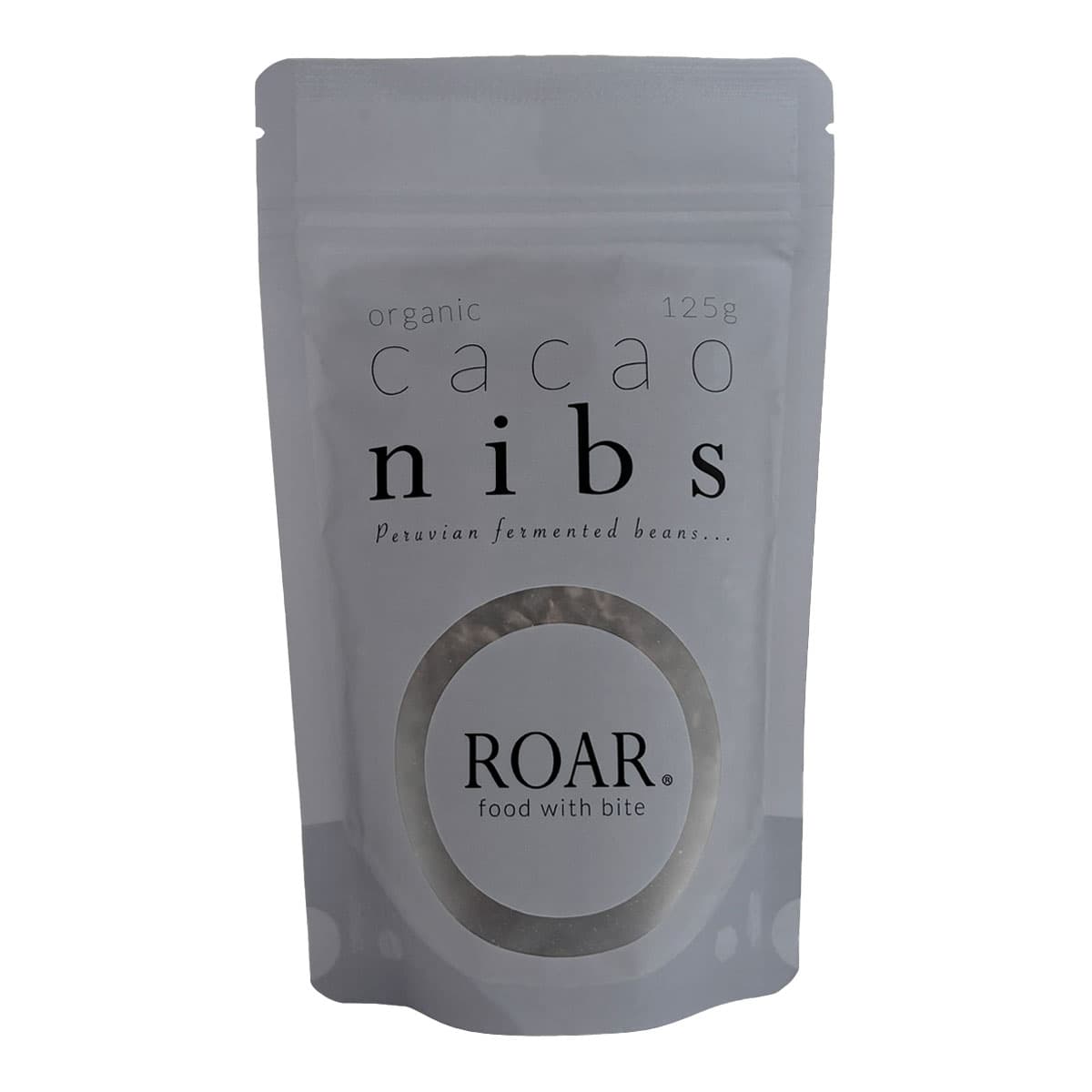 Package of organic cacao nibs by ROAR on a white background.