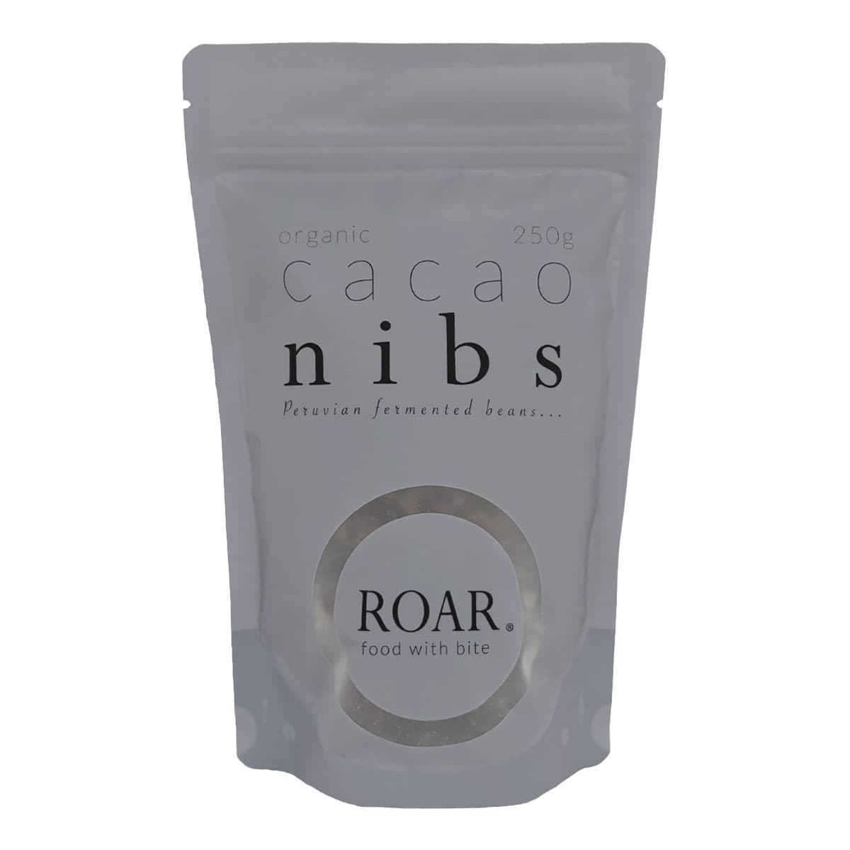 Package of cacao nibs by ROAR on a white background.