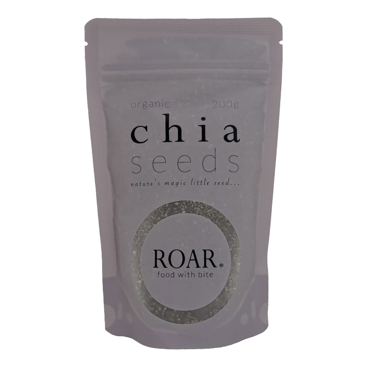 Package of ROAR chia seeds on a white background.