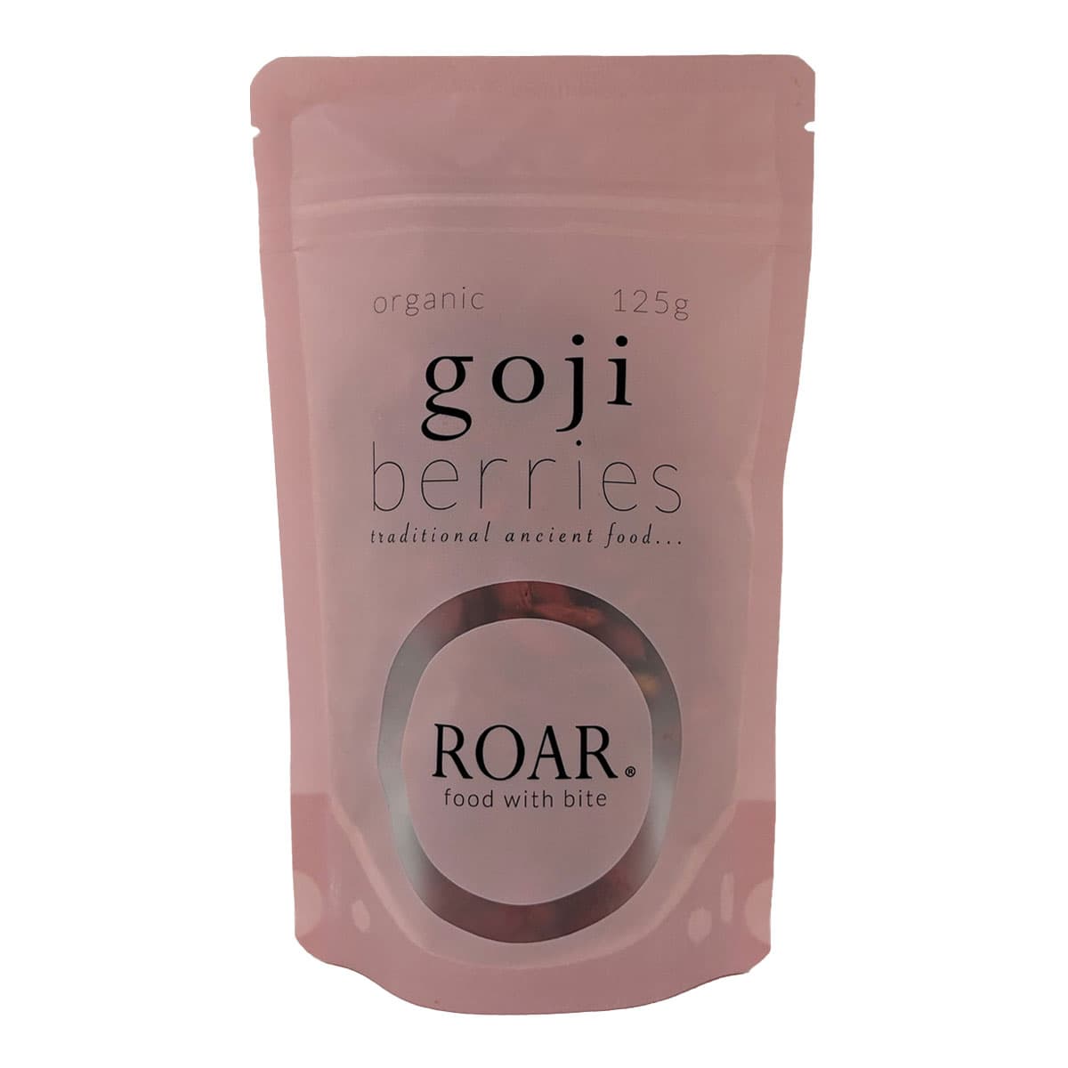 Pink package of goji berries by ROAR on a white background.