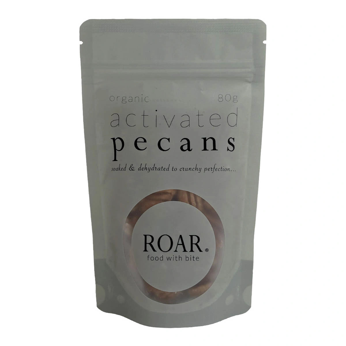 Package of ROAR organic activated pecans on a white background