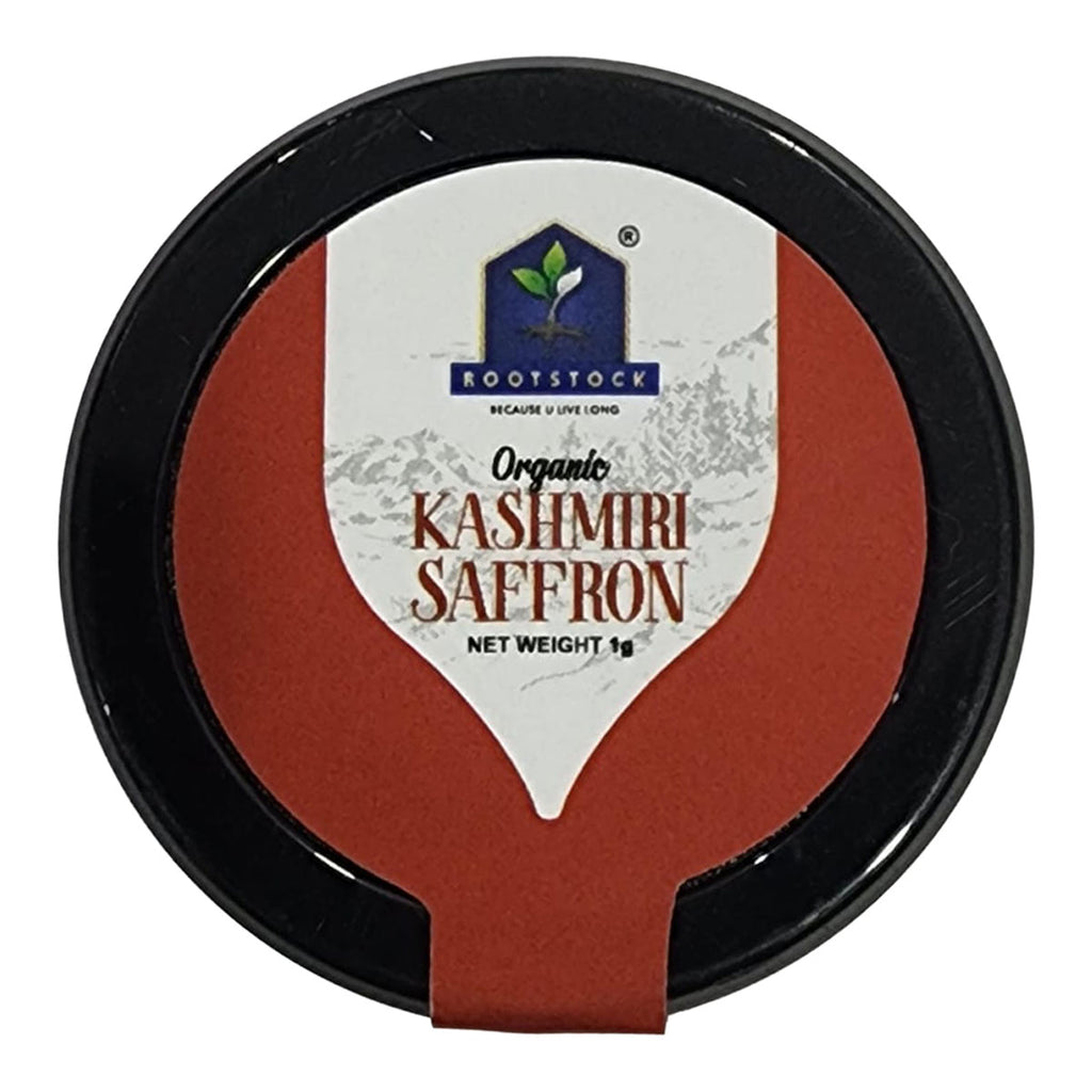 Container of organic Kashmiri saffron with 'Rootstock' branding on a white background