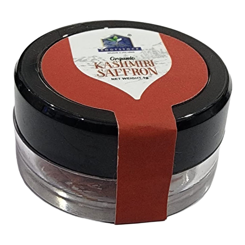 Jar of Kashmiri Saffron with a red label on a white background