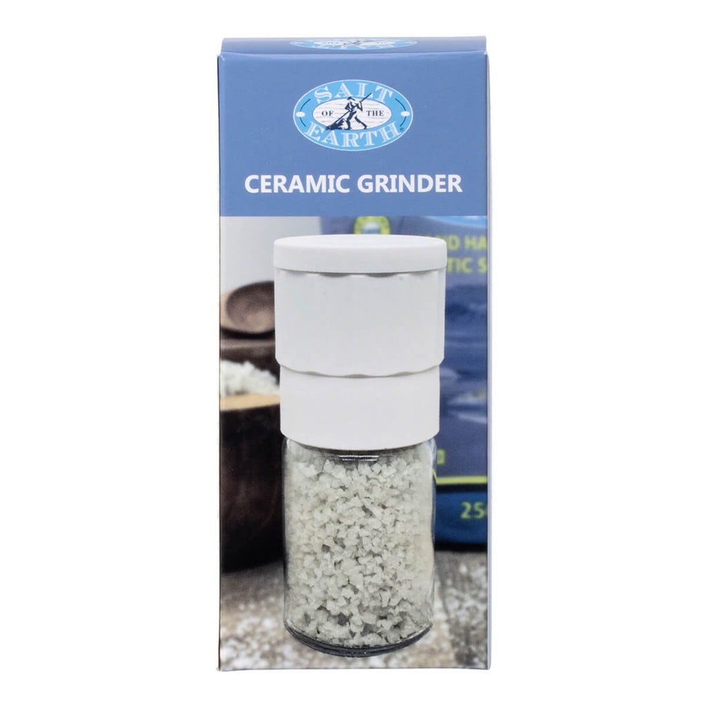 Salt of the Earth Ceramic Sea Salt Grinder box, a spice grinder out of a fine porcelain material that is non-corrosive. Metal and nylon free grinding mechanism. Easy to clean with a removable and refillable glass jar.