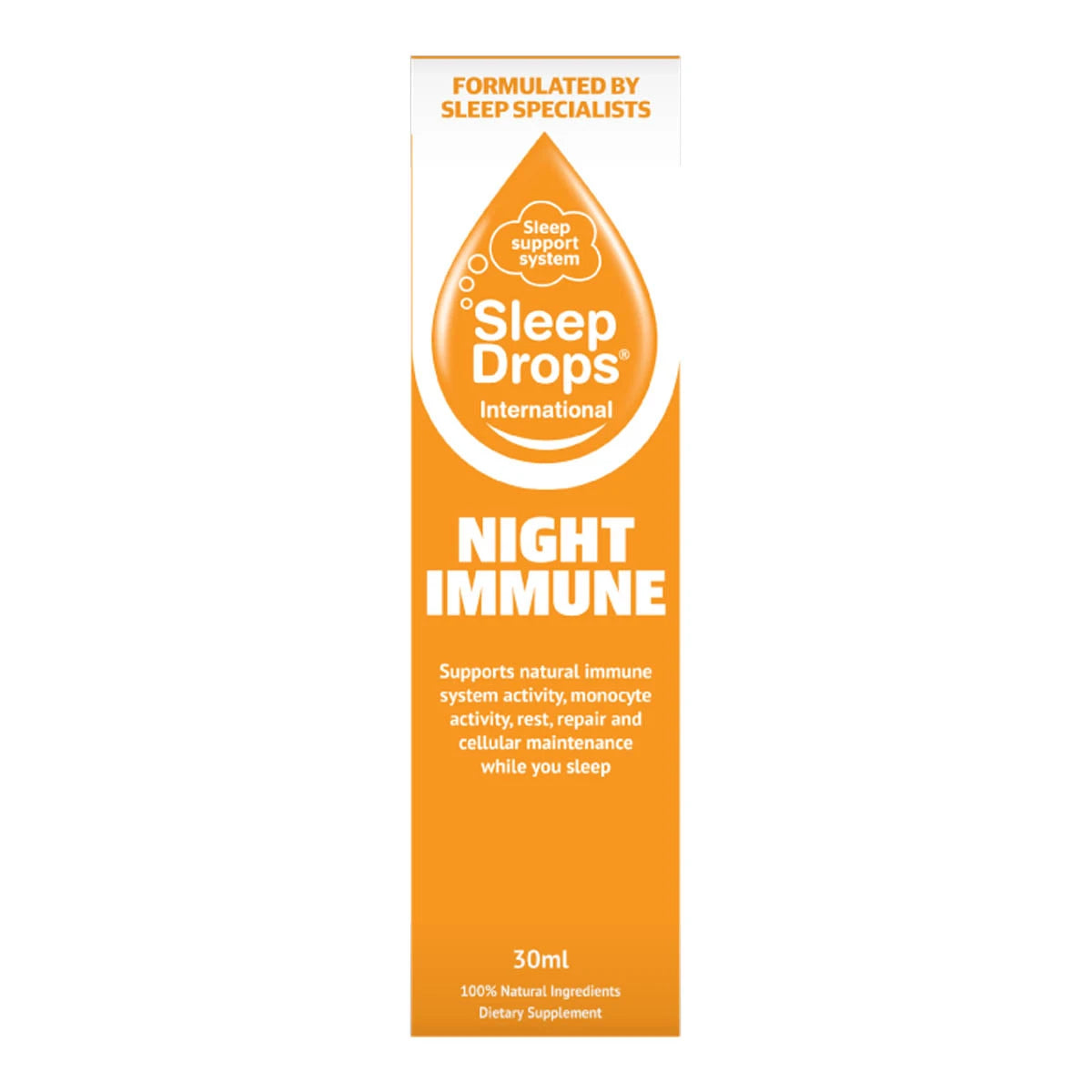 Orange box packaging of SleepDrops Night Immune. Supports natural immune system activity, monocyte activity, rest, repair and cellular maintenance while you sleep.