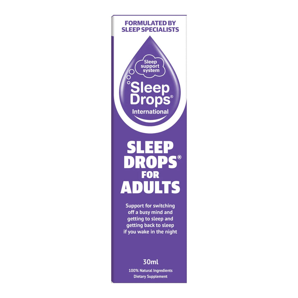 A tall, narrow purple box for Sleep Drops International Sleep Drops For Adults, shown against a plain white background.