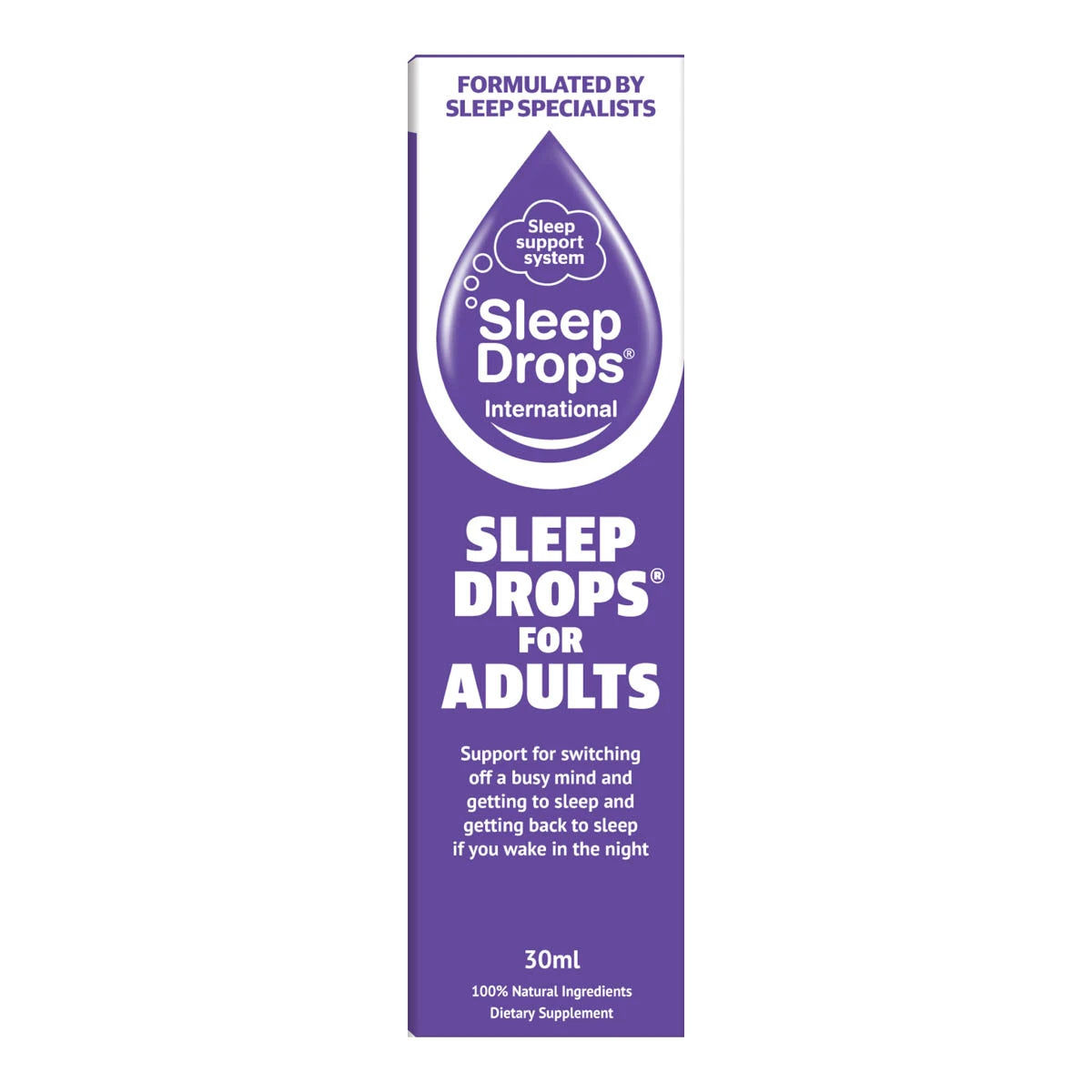 A tall, narrow purple box for Sleep Drops International Sleep Drops For Adults, shown against a plain white background.